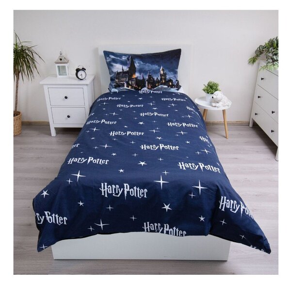 Temno modra/siva enojna otroška posteljnina iz mikrovlaken 140x200 cm Harry Potter "Hogwarts Night" – Jerry Fabrics