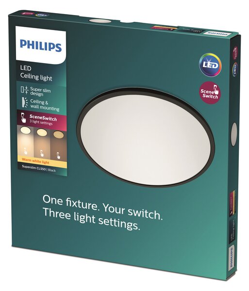 Philips SuperSlim stropna svetilka 2.700K Ø42cm črna, zatemnjen, Črna, Študija / pisarna, Kovina