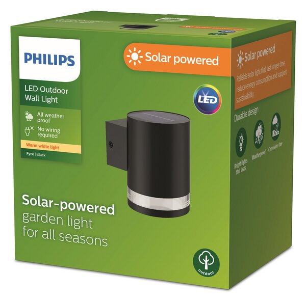 Philips Philipsova LED sončna zunanja stenska svetilka Fyce, Črna, Plastika, Sodobni, Stenska vtičnica spodaj