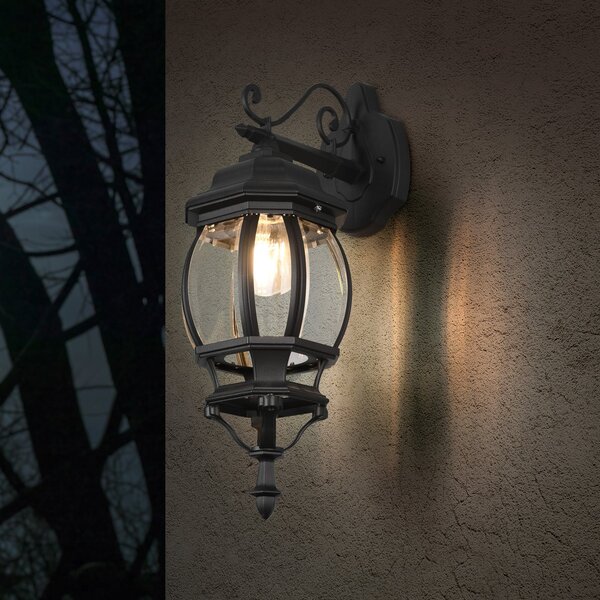Trio Lighting Zunanja stenska svetilka Elvo, spodnja vtičnica, mat črna, zatemnjen, Črna, Aluminij, Antični