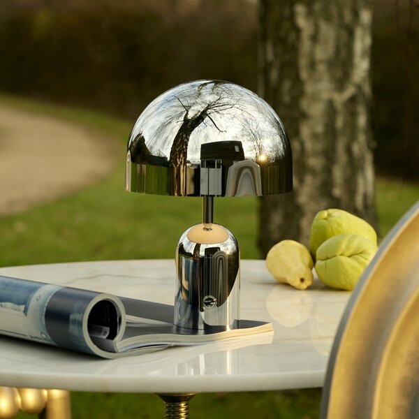 Tom Dixon Akku-namizna svetilka BELL PORTABLE, srebrna, 28 cm IP44, zatemnjen, Kovinska, Dnevna soba / jedilnica, Plastika, Dizajn