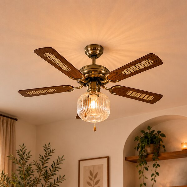 Stropni ventilator medenina z lesom 107,5 cm s potegom - Mistral Karel