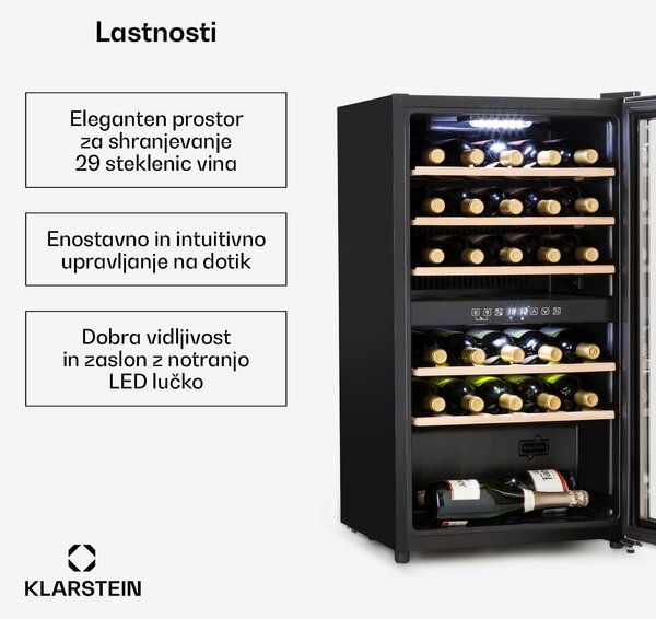 Klarstein Vinamour 29D, vinska omara, 2 coni, 80 l, 29 steklenic, 5-22 °C, upravljanje na dotik