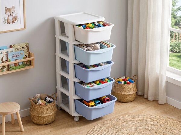Regal na kolesih s predali TONES 97x36x36 cm, moder