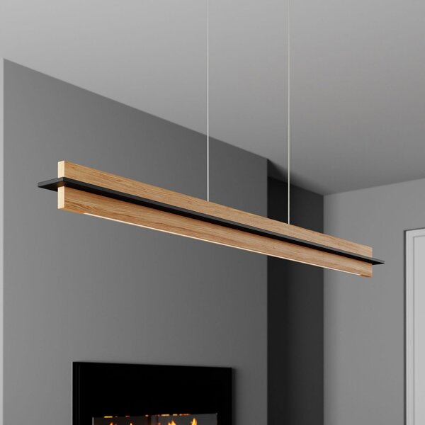 Quitani LED viseča svetilka Lexa, hrast/črna, dolžina 118 cm, zatemnjen, Les, Dnevna soba / jedilnica, Les, Sodobni