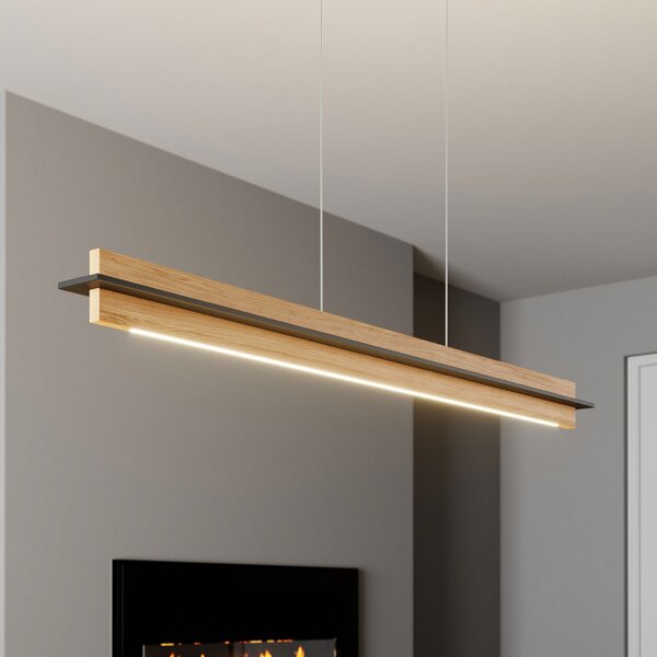 Quitani LED viseča svetilka Lexa, hrast/črna, dolžina 118 cm, zatemnjen, Les, Dnevna soba / jedilnica, Les, Sodobni