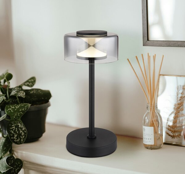 Globo Namizna svetilka Belinda LED, dimno siva, višina 33 cm, kovinska, Siva, Dnevna soba / jedilnica, Steklo