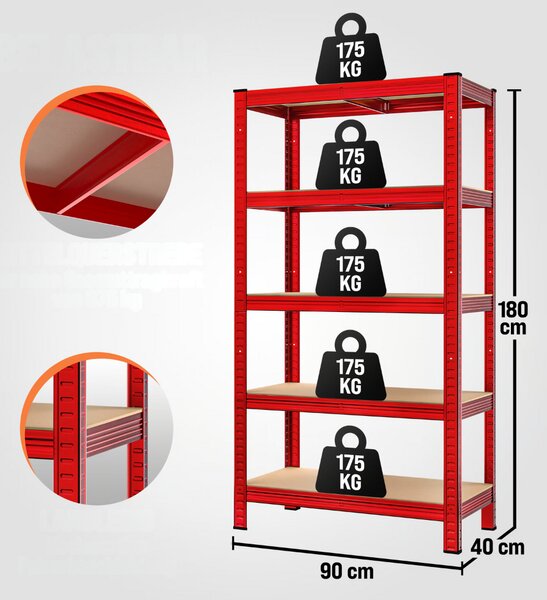 Regal za težke obremenitve HEAVY, max. 875 kg, 90×40×180 cm, rdeča Monzana