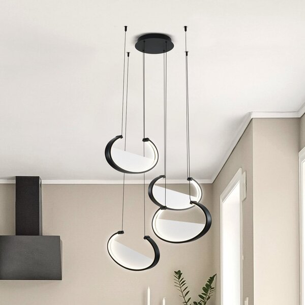 Viokef LED obesna svetilka Adele, Ø 75 cm, črna, kovina, 4-svetilna., Črna, Dnevna soba / jedilnica, Aluminij, Sodobni
