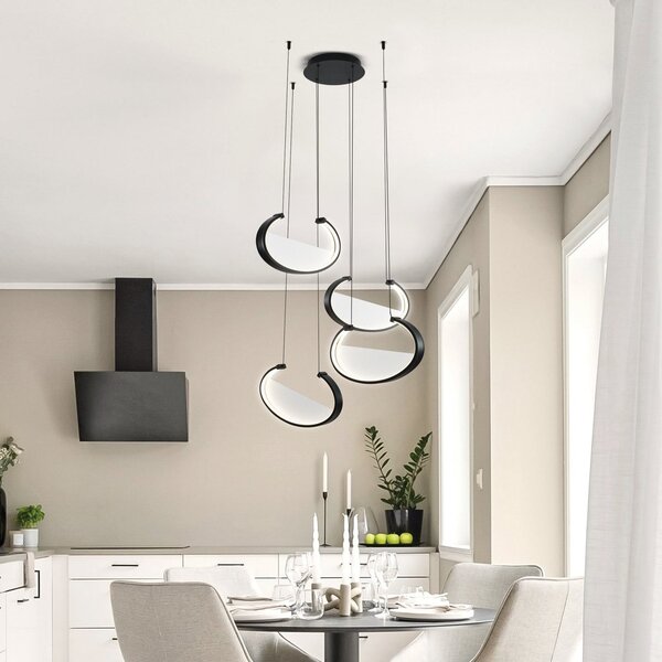 Viokef LED obesna svetilka Adele, Ø 75 cm, črna, kovina, 4-svetilna., Črna, Dnevna soba / jedilnica, Aluminij, Sodobni