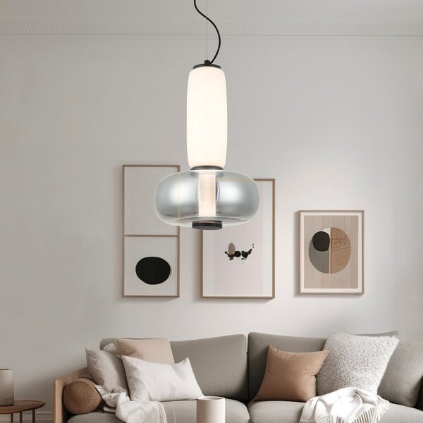 Viokef LED obesna svetilka Avery, dimno siva/bela, Ø 32 cm, steklo, Siva, Dnevna soba / jedilnica, Steklo, Sodobni
