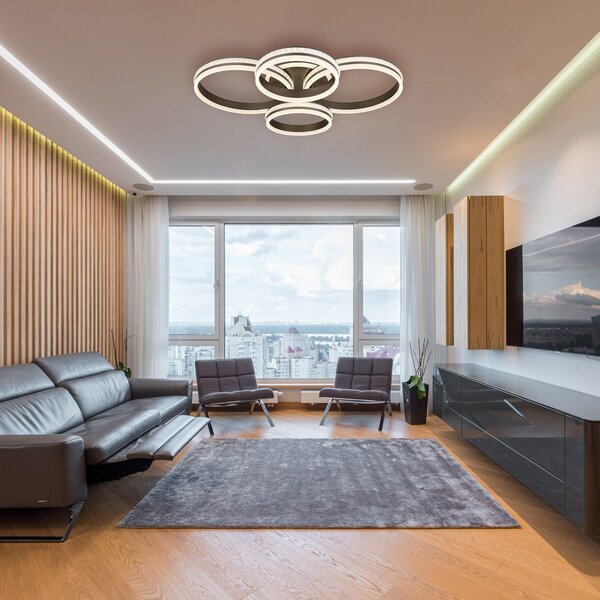 Globo LED stropna svetilka Grouni, dolžina 85 cm, titan barva, CCT, zatemnjen, Siva, Dnevna soba / jedilnica, Kovina, Sodobni