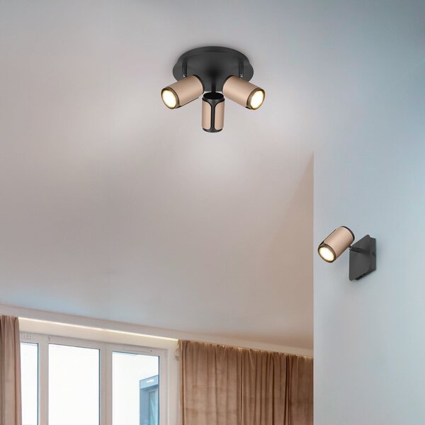 Trio Lighting Stropna svetilka Gillan, kava, 3-svetilna, okrogla, kovinska, GU10, zatemnjen, Rjava / rjasta, Dnevna soba / jedilnica, Kovina, Sodobni