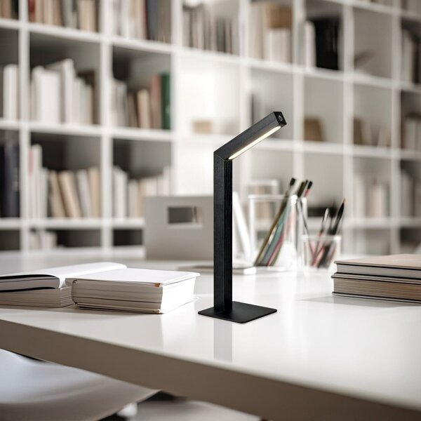 Reality Leuchten LED namizna svetilka Skip, črna, MDF, višina 37,5 cm, zatemnjen, Črna, Dnevna soba / jedilnica, Les