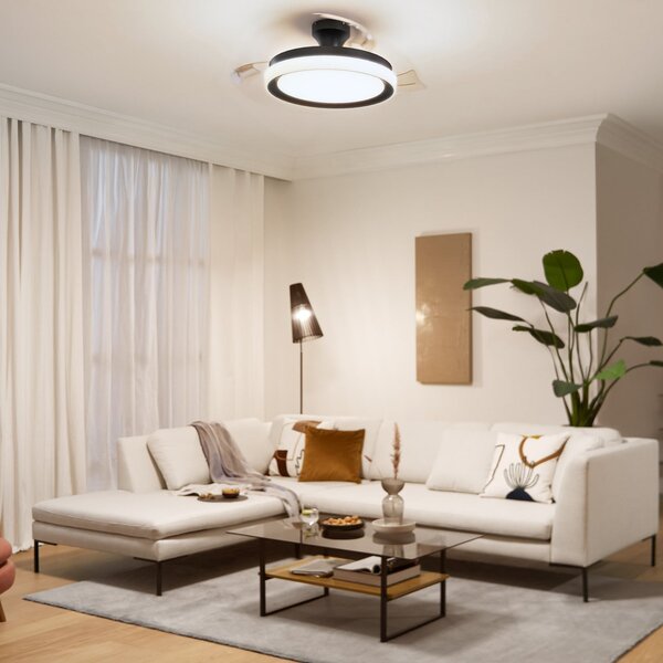 Philips LED stropni ventilator Bliss, črno-bel, DC, tiho delovanje, zatemnjen, Črna, Dnevna soba / jedilnica, Kovina, Sodobni