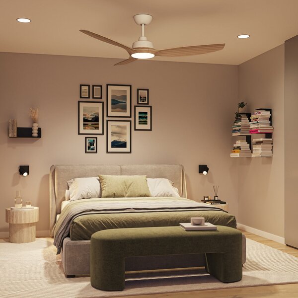 Philips LED ventilator Olas, Ø 132 cm, rjava/bela, tiho delovanje, zatemnjen, Les, Dnevna soba / jedilnica, Plastika, Sodobni