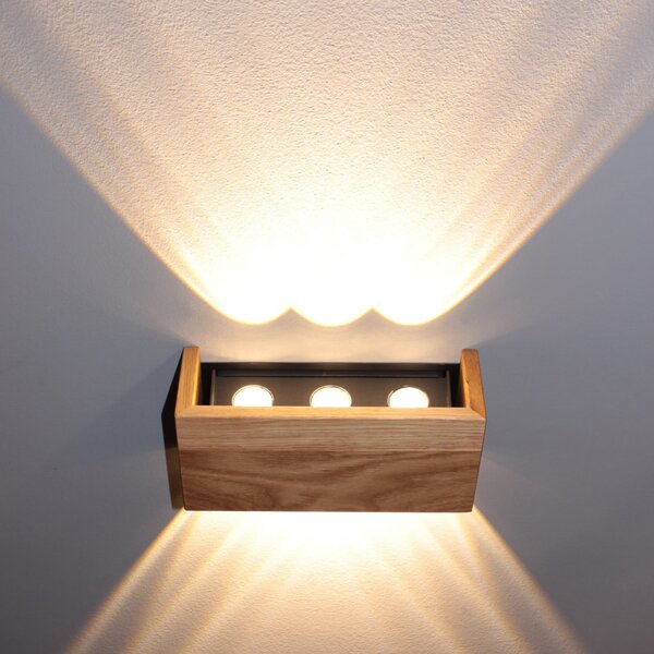 FISCHER & HONSEL LED stenska svetilka Shine-Wood, širina 21 cm, hrast/črna, les, Les, Dnevna soba / jedilnica, Les