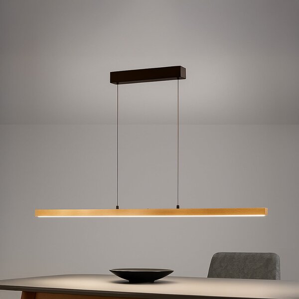 FISCHER & HONSEL LED obesna svetilka Shine-Wood, dolžina 141 cm, hrast/črna CCT, zatemnjen, Les, Dnevna soba / jedilnica, Les