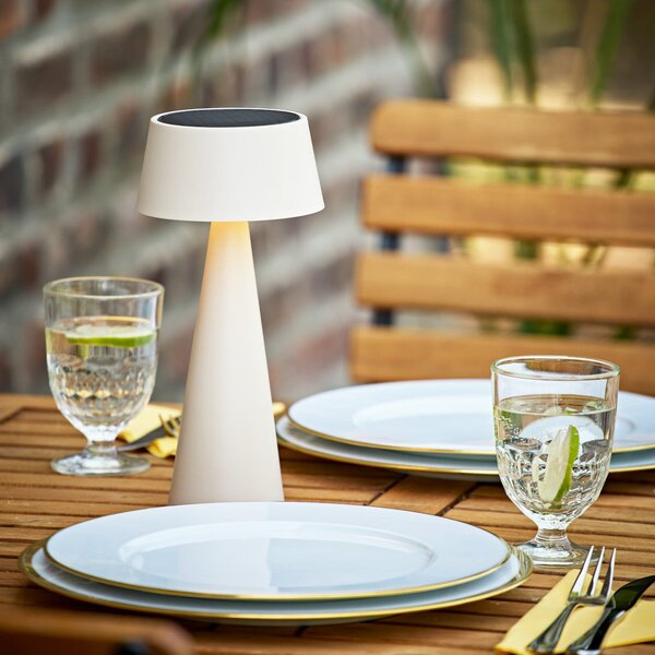 Sigor LED namizna svetilka Solino, bež, solarna/USB, 26 cm, IP44, zatemnjen, Bež, Dnevna soba / jedilnica, Aluminij, Sodobni