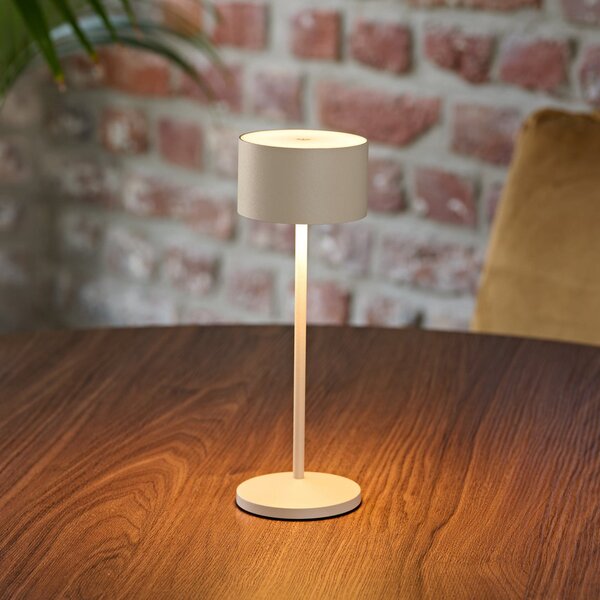 Sigor LED namizna svetilka Veluna, bež, višina 25 cm, IP44, dim CCT, zatemnjen, Bež, Dnevna soba / jedilnica, Aluminij, Sodobni