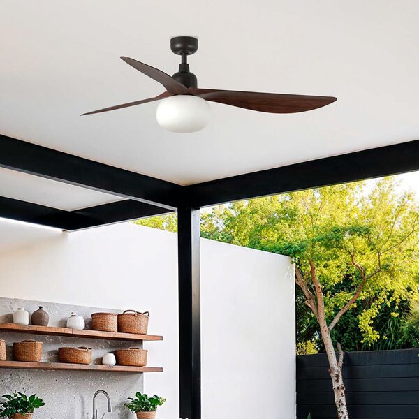 FARO BARCELONA Stropni ventilator z lučjo Outwood, rjav, DC, tih, Ø150cm, zatemnjen, Les, Dnevna soba / jedilnica, Plastika, Sodobni