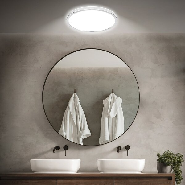 Briloner LED kopalniška stropna svetilka Pulap, Ø 42 cm, krom/bela kovina, Kovinska, Kopalnica, Kovina, Sodobni