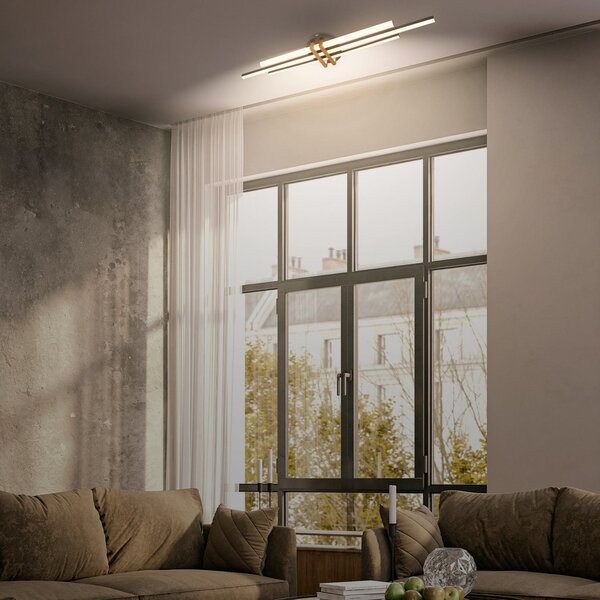 Briloner LED stropna svetilka Tinka, barva lesa/črna, dolžina 98 cm, Les, Dnevna soba / jedilnica, Kovina, Sodobni