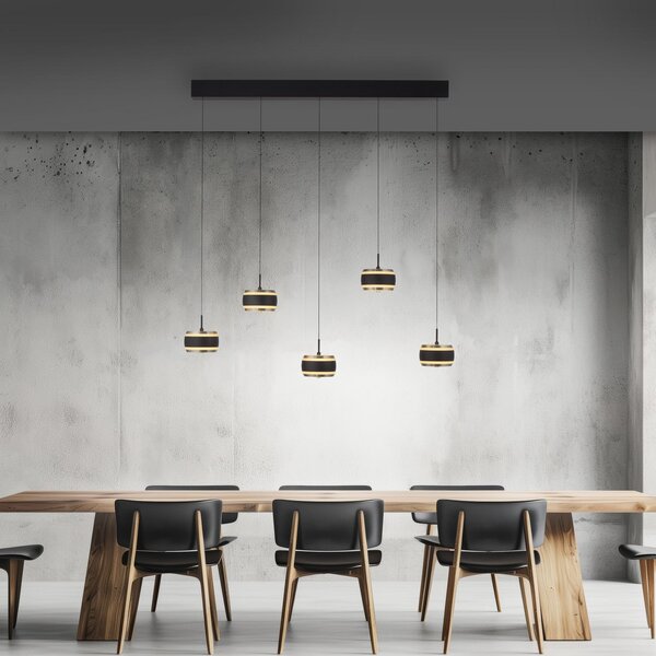 PURE LED-visoka svetilka Falling Rings, črna, dolžina 101 cm, 5-žarilna, zatemnjen, Črna, Dnevna soba / jedilnica, Kovina, Sodobni