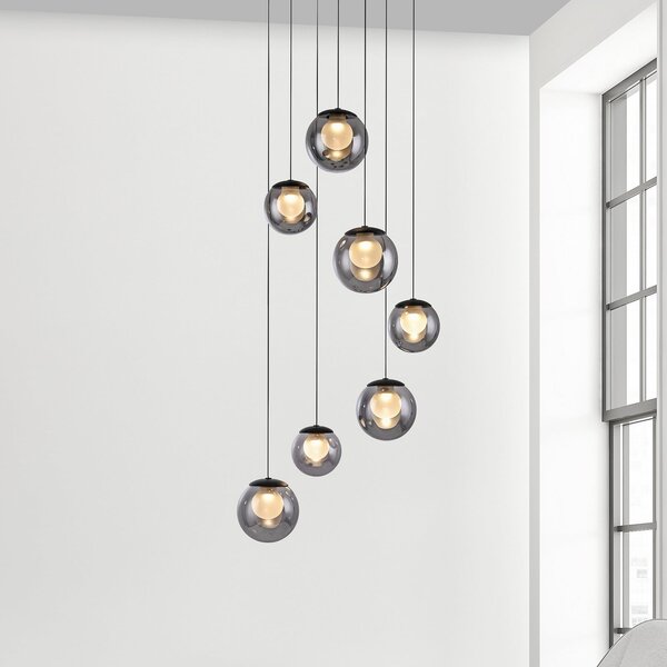 PURE LED-visoka svetilka Popup, siva/dimno siva, premer 40 cm, 7-žarilna, zatemnjen, Siva, Dnevna soba / jedilnica, Steklo