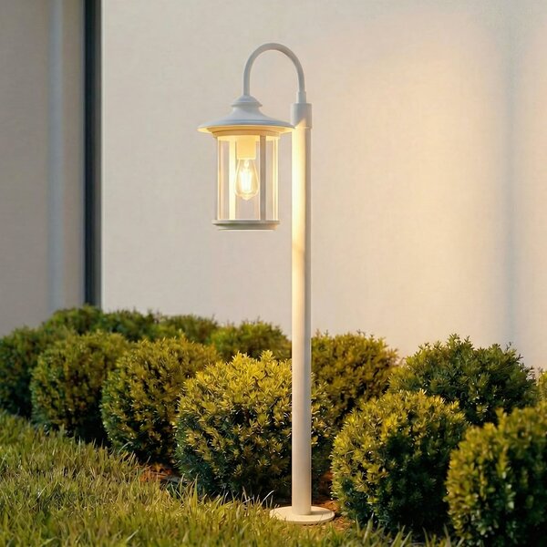 Lindby svetilka za pot Zayn, bela, steklo, višina 109 cm, IP65, zatemnjen, Bela, Aluminij, Antični, Svetilka