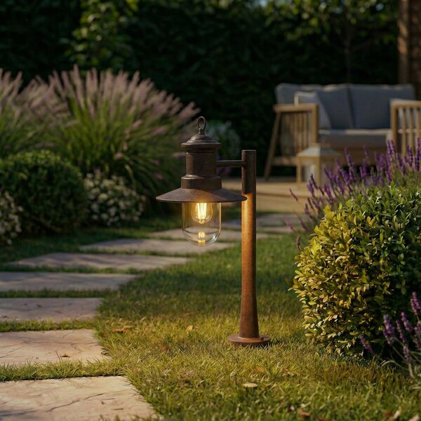Lindby ulična svetilka Eloretta, rjava, 60 cm, jeklo, IP44, E27, zatemnjen, Rjava / rjasta, Kovina, Podeželska hiša / Rustikalna