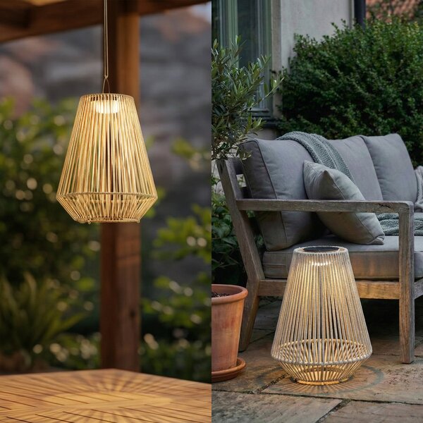 Lindby LED-sončna viseča svetilka Austas, bež, Ø 32 cm, USB, IP54, zatemnjen, Bež, Plastika, Sodobni