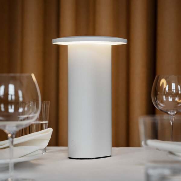 FRITZ HANSEN LED-akumulatorska namizna svetilka Solae, bela, aluminij, IP44, zatemnjen, Bela, Dnevna soba / jedilnica, Aluminij, Sodobni
