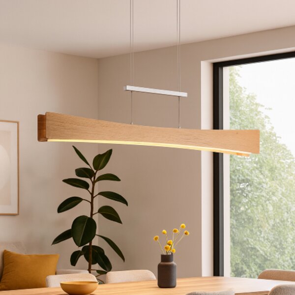 Elobra LED viseča svetilka Peru, hrast/nikelj, dolžina 116 cm, zatemnjen, Les, Dnevna soba / jedilnica, Les, Sodobni