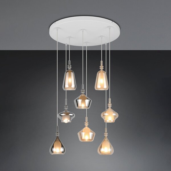 Trio Lighting Visoka svetilka Aldea, Ø 60 cm, bela/jantar/krom, steklo, 8-svetilna., zatemnjen, Bež, Dnevna soba / jedilnica, Steklo