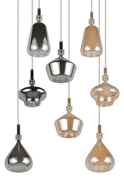Trio Lighting Visoka svetilka Aldea, Ø 60 cm, bela/jantar/krom, steklo, 8-svetilna., zatemnjen, Bež, Dnevna soba / jedilnica, Steklo