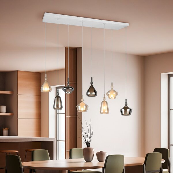 Trio Lighting Visoka svetilka Aldea, dolžina 115 cm, bela/jantar/krom steklo, 8-svetilna., zatemnjen, Bež, Dnevna soba / jedilnica, Steklo