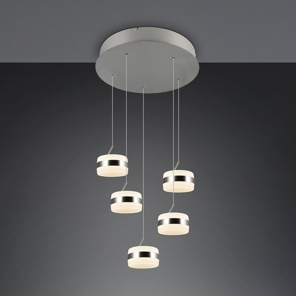 Trio Lighting LED viseča svetilka Dios, nikljeva barva, Ø 45 cm, CCT, 5-krilna., zatemnjen, Kovinska, Dnevna soba / jedilnica, Kovina, Sodobni