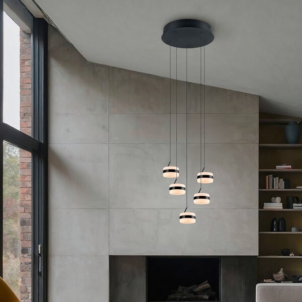 Trio Lighting LED viseča svetilka Dios, nikljeva barva, Ø 45 cm, CCT, 5-krilna., zatemnjen, Kovinska, Dnevna soba / jedilnica, Kovina, Sodobni