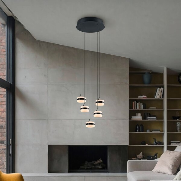 Trio Lighting LED viseča svetilka Dios, črna, Ø 45 cm, CCT, 5-svetilna., zatemnjen, Črna, Dnevna soba / jedilnica, Kovina, Sodobni
