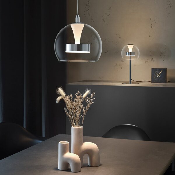 Trio Lighting LED viseča svetilka Flynt, Ø 20 cm, krom barva, kovina/steklo, CCT, zatemnjen, Kovinska, Dnevna soba / jedilnica, Kovina, Sodobni
