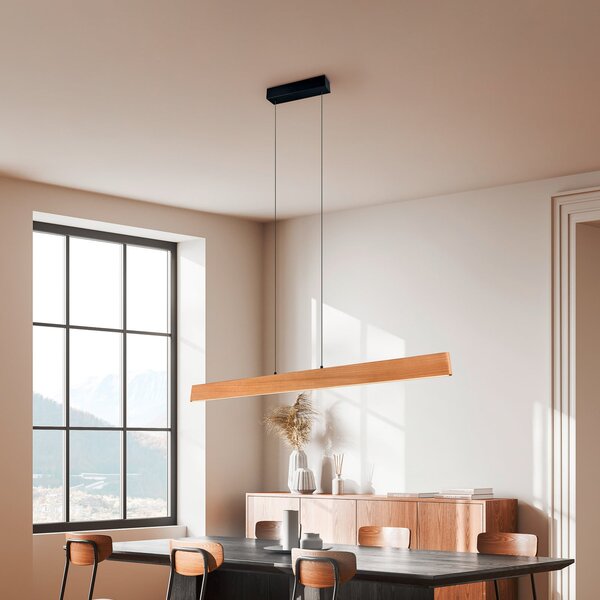 Trio Lighting LED viseča svetilka Edgewood, dolžina 150 cm, lesna barva les, CCT, zatemnjen, Les, Dnevna soba / jedilnica, Les