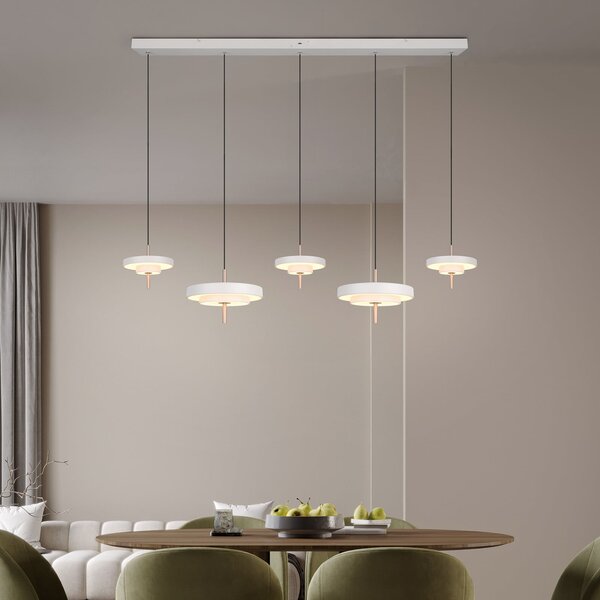 Trio Lighting LED viseča svetilka Keaton, svetlo siva, dolžina 140 cm, CCT, 5-svetilna., zatemnjen, Siva, Dnevna soba / jedilnica, Kovina