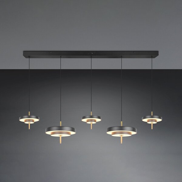 Trio Lighting LED viseča svetilka Keaton, črna/zlata barva 140 cm CCT, 5-svetilna., zatemnjen, Črna, Dnevna soba / jedilnica, Kovina