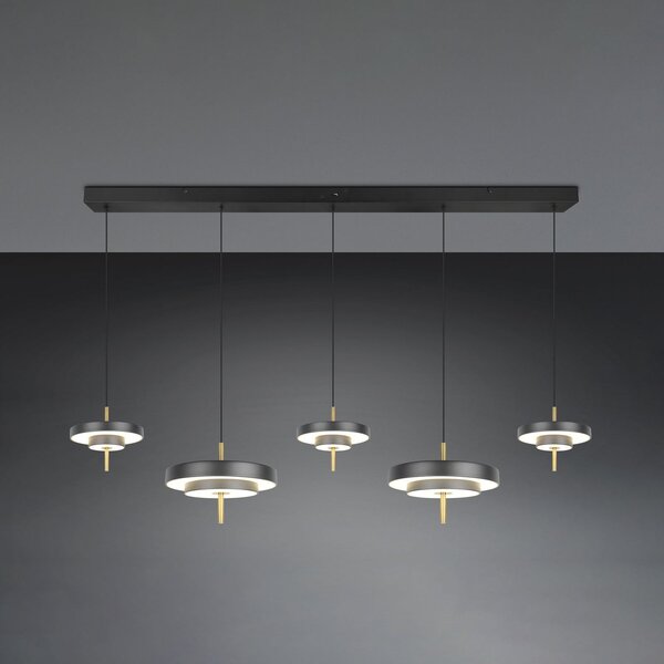 Trio Lighting LED viseča svetilka Keaton, črna/zlata barva 140 cm CCT, 5-svetilna., zatemnjen, Črna, Dnevna soba / jedilnica, Kovina