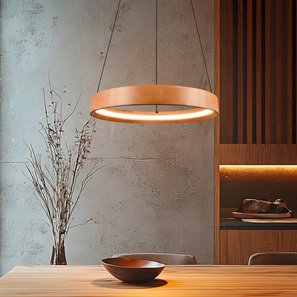 Trio Lighting LED viseča svetilka Lynwood, Ø 50 cm, barva lesa, les, z možnostjo zatemnitve, zatemnjen, Les, Dnevna soba / jedilnica, Les