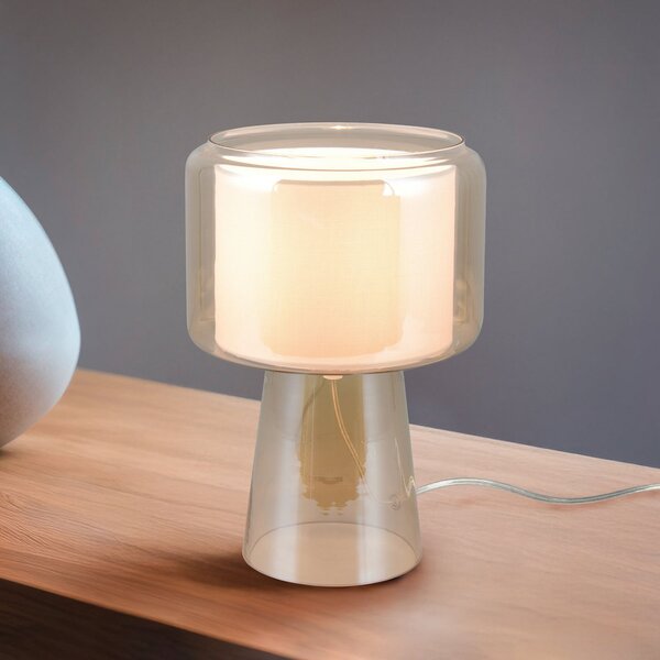Trio Lighting Namizna svetilka Rocka, jantarne barve, višina 29 cm, steklo/tkanina, Bež, Dnevna soba / jedilnica, Steklo