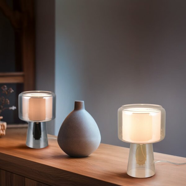 Trio Lighting Namizna svetilka Rocka, jantarne barve, višina 29 cm, steklo/tkanina, Bež, Dnevna soba / jedilnica, Steklo