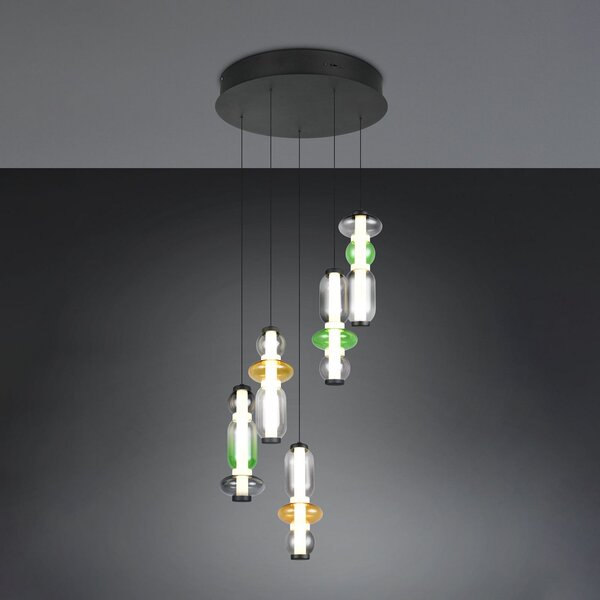 Trio Lighting LED viseča svetilka Minerva, Ø 42 cm, barvna, steklo, CCT, 5-svetilna., zatemnjen, Večbarvna, Dnevna soba / jedilnica, Steklo