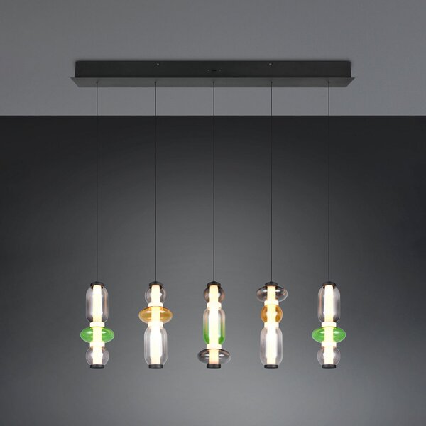 Trio Lighting LED viseča svetilka Minerva, dolžina 100 cm, barvna, steklo, CCT dimmer, zatemnjen, Dnevna soba / jedilnica, Steklo